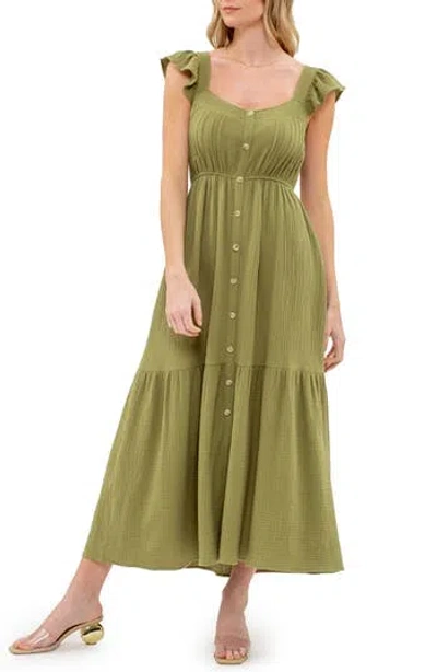 August Sky Flutter Sleeve Button Front Dress In Dusty Olive