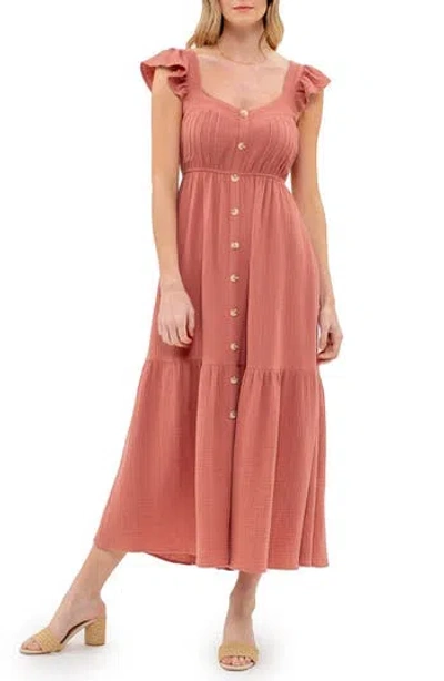 August Sky Flutter Sleeve Button Front Dress In Dusty Pink