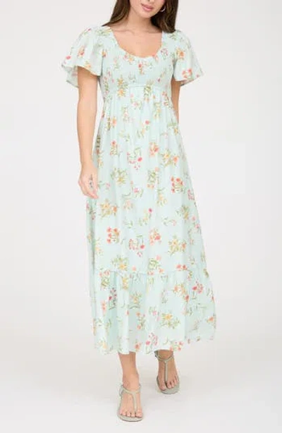 August Sky Flutter Sleeve Midi Sundress In Green