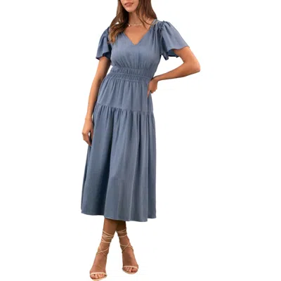 August Sky Flutter Sleeve Smocked Chambray Midi Dress In Blue