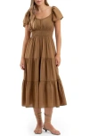 August Sky Flutter Sleeve Tiered Midi Dress In Brown