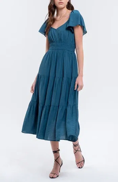 August Sky Flutter Sleeve Tiered Midi Dress In Teal