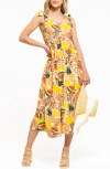 AUGUST SKY FRUIT PRINT TIE STRAP MIDI SUNDRESS