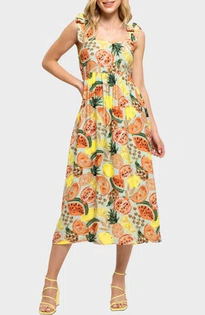August Sky Fruit Print Tie Strap Midi Sundress In Multi