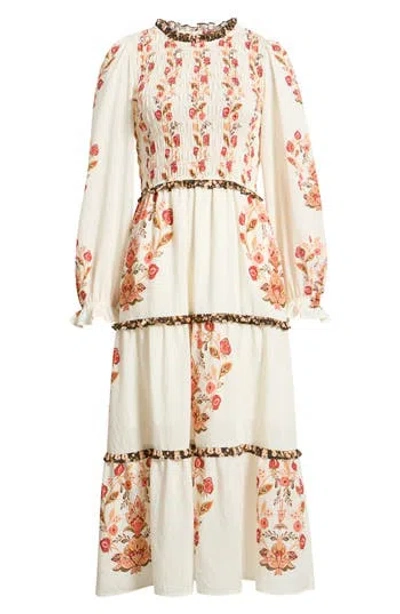 August Sky Long Sleeve Smocked Midi Dress In Beige Multi