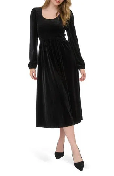 August Sky Long Sleeve Smocked Velvet Midi Dress In Black