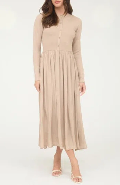 August Sky Mixed Media Long Sleeve Maxi Dress In Gold