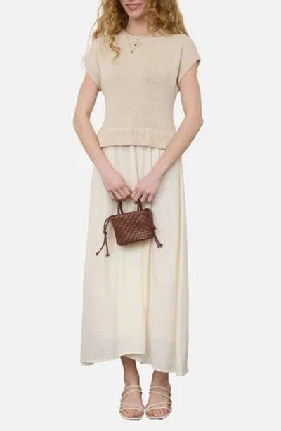 August Sky Mixed Media Midi Dress In Brown