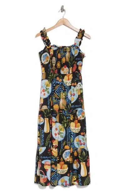 August Sky Mixed Print Smocked Tiered Midi Dress