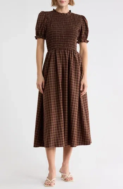 August Sky Plaid Smocked Bodice Midi Dress In Brown