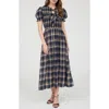 August Sky Plaid Tie Front Midi Dress In Blue