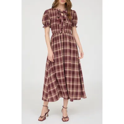 August Sky Plaid Tie Front Midi Dress In Red