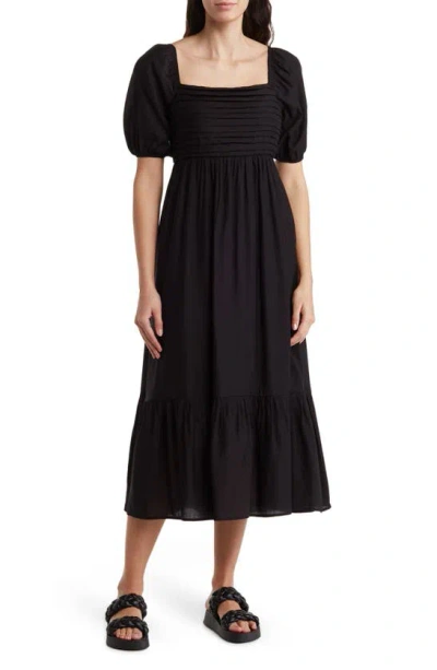 August Sky Pleated Square Neck Midi Dress In Black