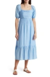 August Sky Pleated Square Neck Midi Dress In Blue