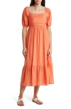 August Sky Pleated Square Neck Midi Dress In Orange