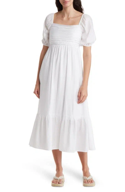 August Sky Pleated Square Neck Midi Dress In White