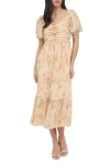 August Sky Puff Sleeve Midi Dress In Apricot Multi