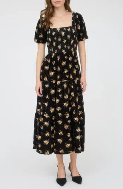 August Sky Puff Sleeve Midi Dress In Black