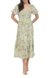 August Sky Puff Sleeve Midi Dress In Olive Multi