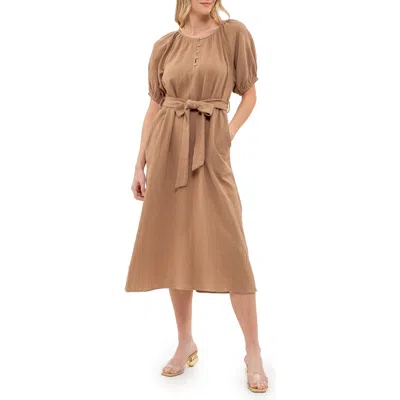 August Sky Puff Sleeve Midi Shirtdress In Tan