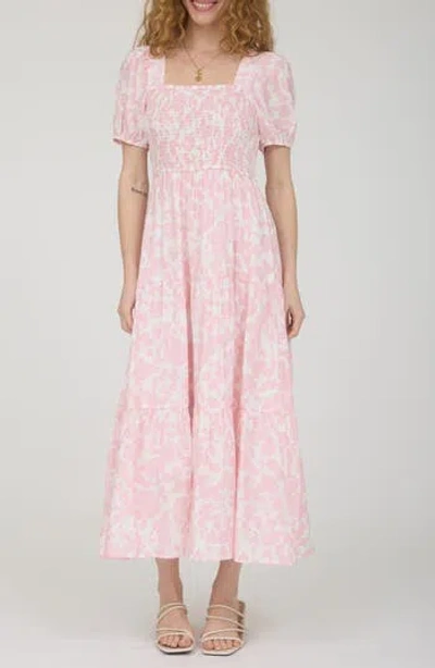 August Sky Puff Sleeve Smocked Midi Dress In Pink