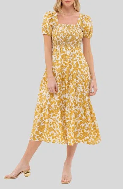 August Sky Puff Sleeve Smocked Midi Dress In Multi