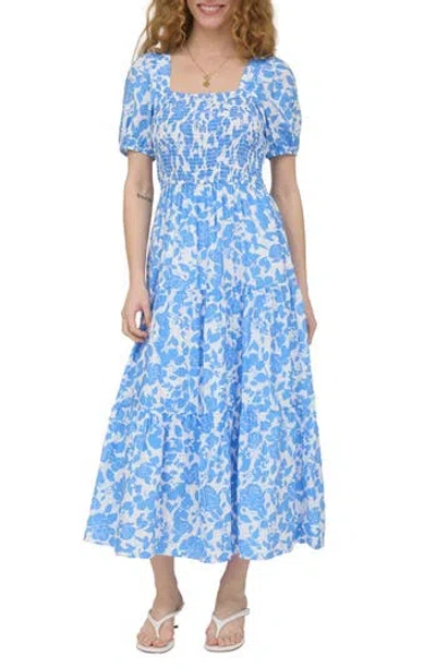 August Sky Puff Sleeve Smocked Midi Dress In Blue