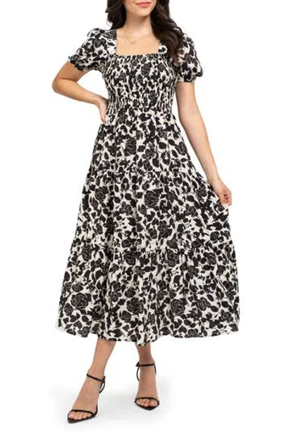 August Sky Puff Sleeve Smocked Midi Dress In Black