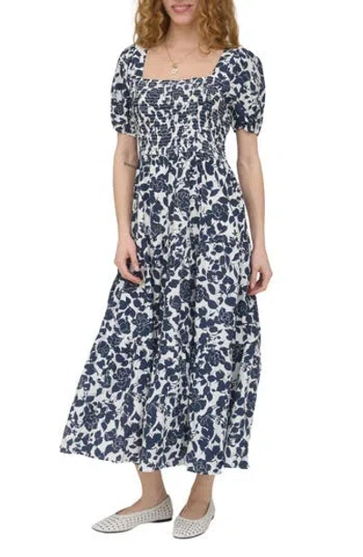 August Sky Puff Sleeve Smocked Midi Dress In Black