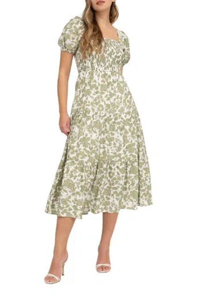 August Sky Puff Sleeve Smocked Midi Dress In Green