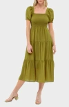 August Sky Puff Sleeve Tiered Midi Dress In Green