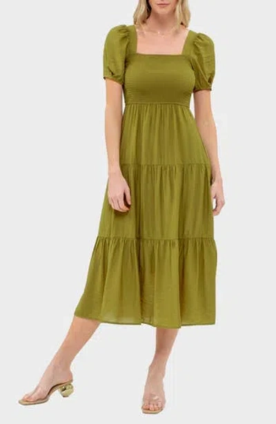 August Sky Puff Sleeve Tiered Midi Dress