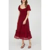 August Sky Puff Sleeve Tiered Midi Dress In Red