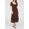 August Sky Puff Sleeve Tiered Midi Dress In Brown