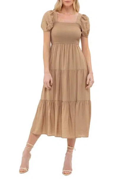 August Sky Puff Sleeve Tiered Midi Dress In Khaki