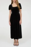 August Sky Puff Sleeve Velvet Fit & Flare Midi Dress In Black