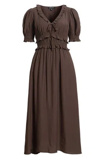 August Sky Ruffle Trim Short Sleeve Midi Dress In Brown