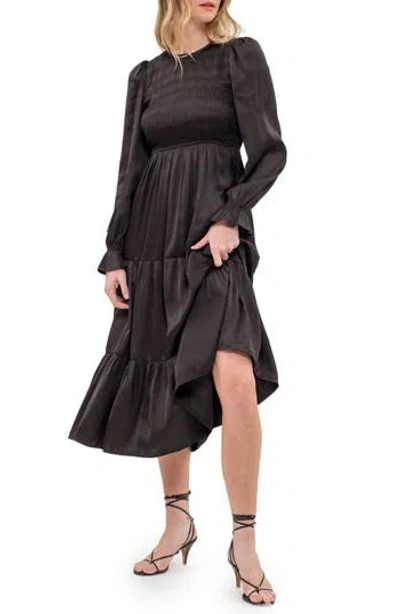 August Sky Satin Smocked Long Sleeve Dress In Black