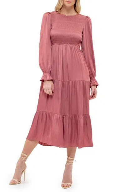 August Sky Satin Smocked Long Sleeve Dress In Dusty Pink | ModeSens