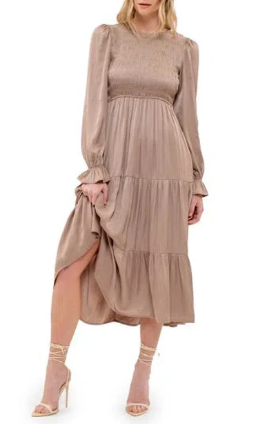 August Sky Satin Smocked Long Sleeve Dress In Taupe