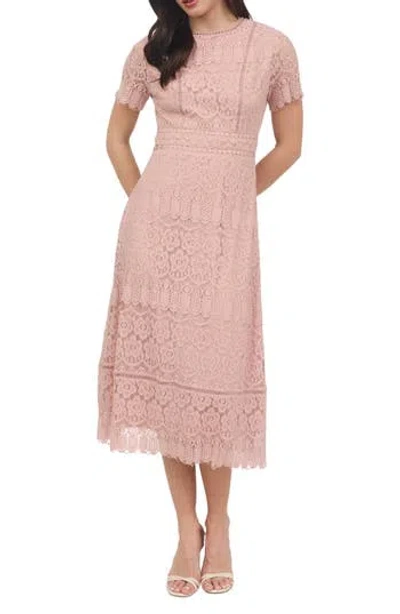 August Sky Scalloped Lace Midi Dress In Dusty Pink