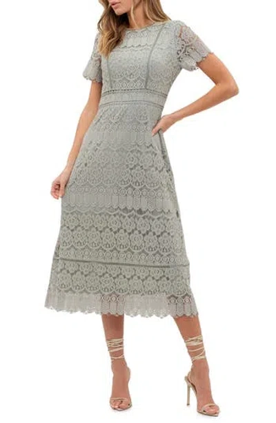 August Sky Scalloped Lace Midi Dress In Light Sage