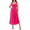 August Sky Shirred Empire Waist Midi Dress In Fuchsia