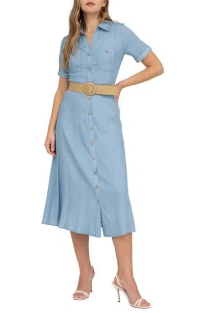 August Sky Short Sleeve Belted Chambray Shirtdress