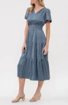 August Sky Short Sleeve Empire Waist Midi Dress In Dusty Blue