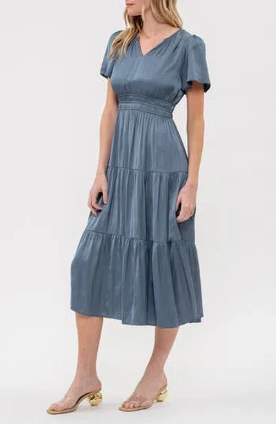 August Sky Short Sleeve Empire Waist Midi Dress In Dusty Blue