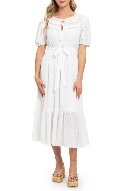 August Sky Short Sleeve Tie Waist Midi Shirtdress In White