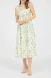 August Sky Shoulder Tie Floral Midi Dress In Multi
