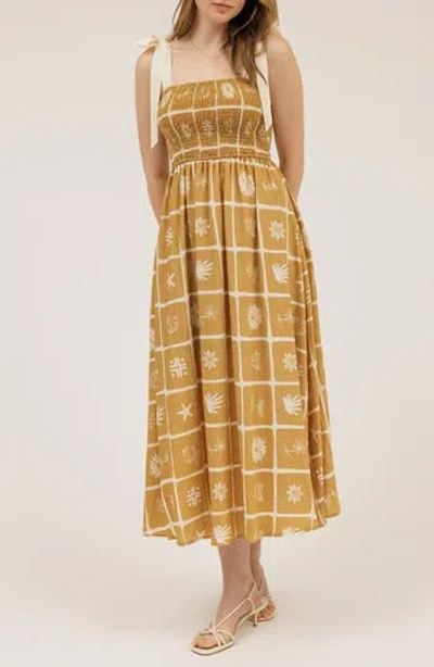 August Sky Shoulder Tie Midi Dress