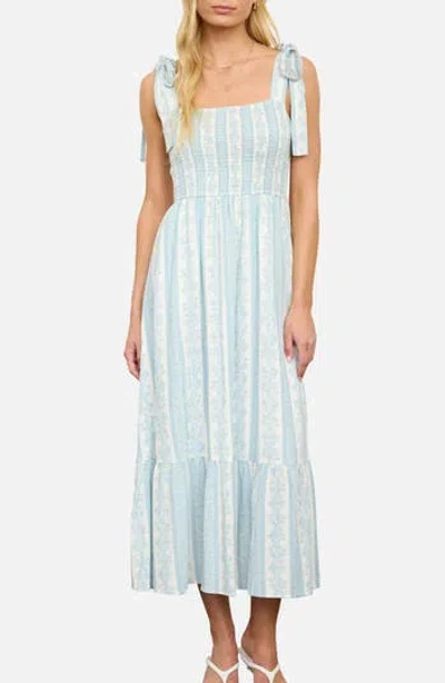 August Sky Shoulder Tie Smocked Midi Dress In Multi